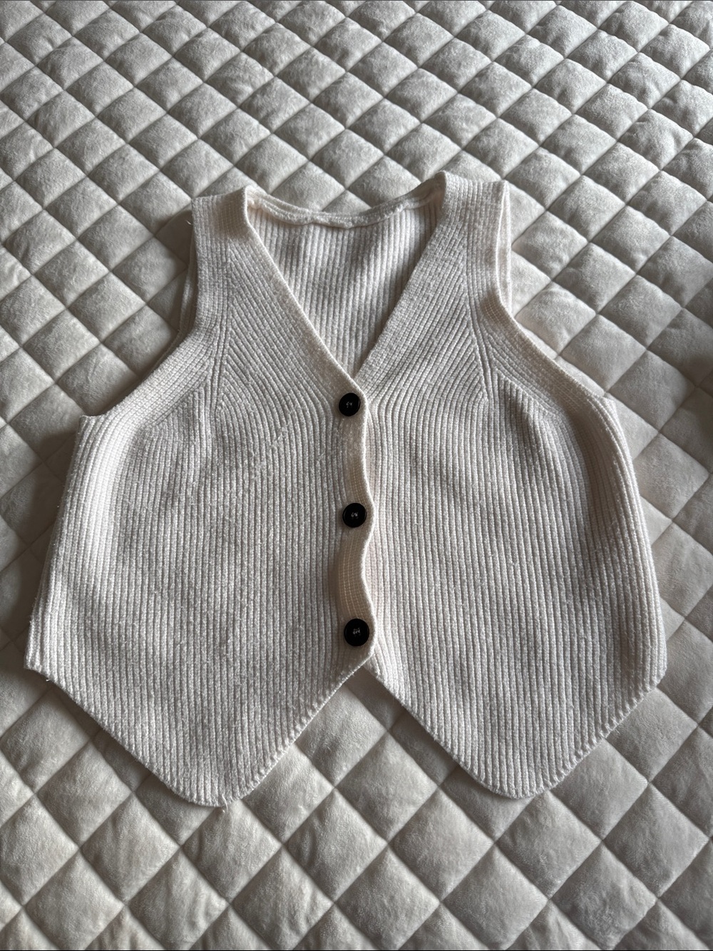 Cream Ribbed V-Neck Button Vest